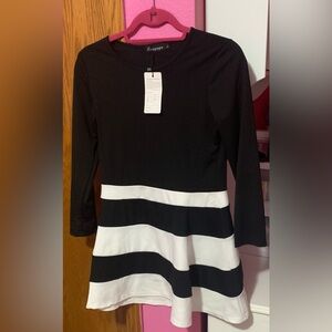 NWT. Onayaya size Large. Long Sleeve black dress w/ striped white& black bottom